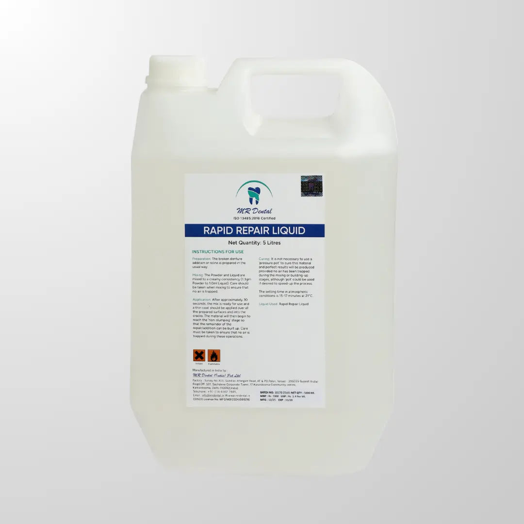 M R Dental Rapid Repair Liquid Monomer - Fast Setting PMMA Activator for Denture Repairs and Relining 5L Pack