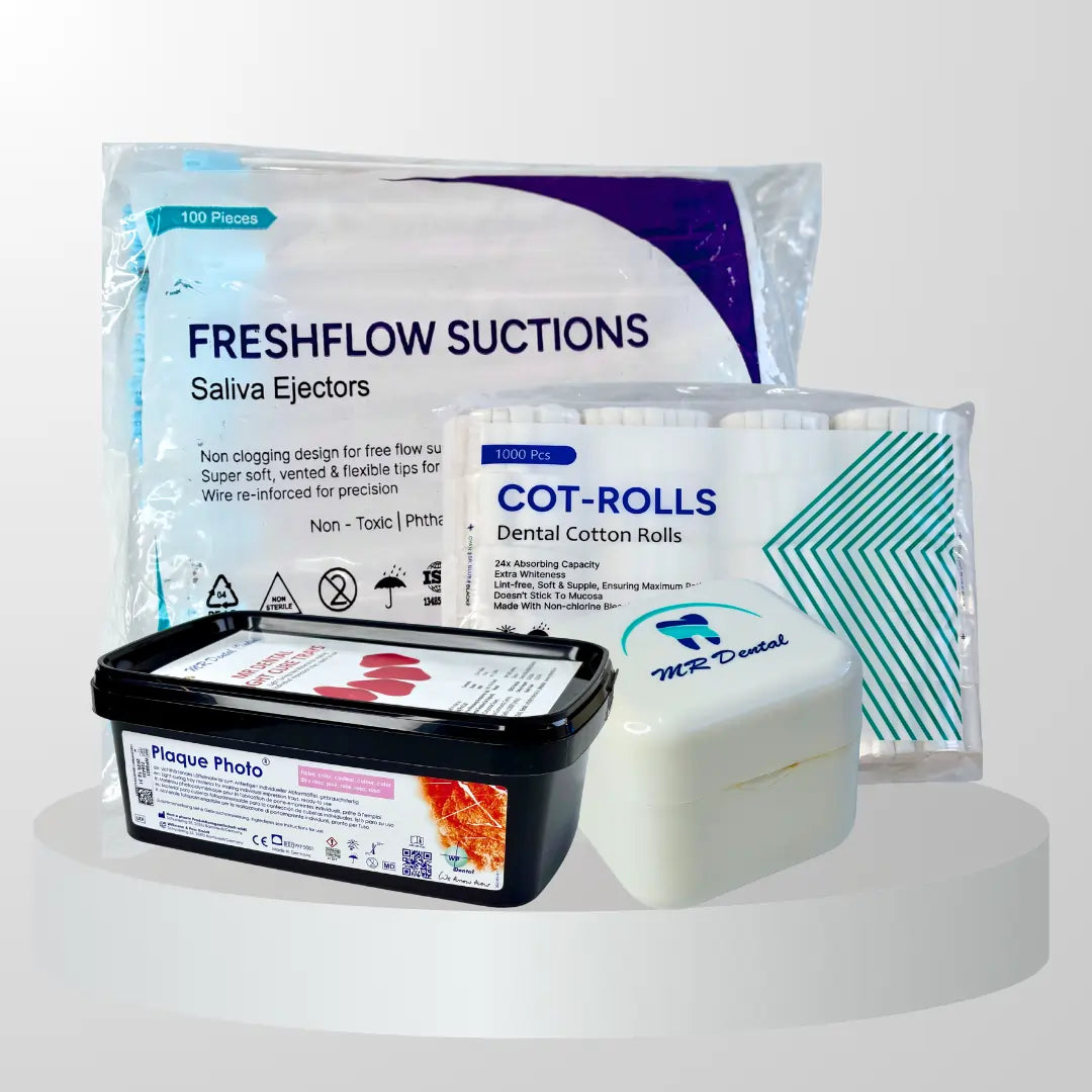 Suction tips/ Saliva Ejectors, Cotton Rolls, Light cure Tray & denture Box Collection