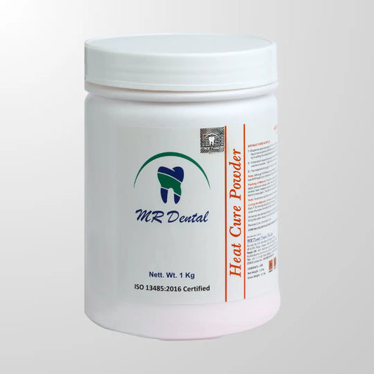 MR Dental Heat Cure Powder 1 kg container on a light grey background