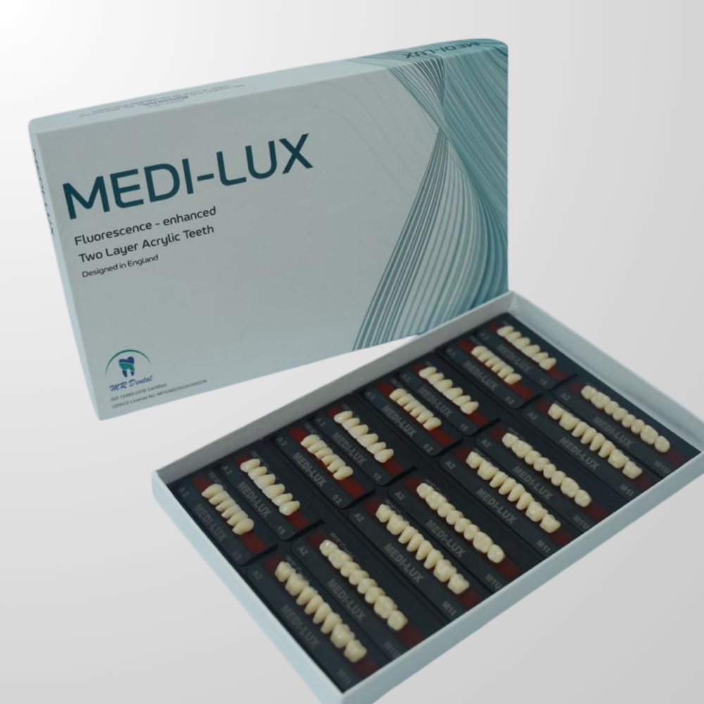 Medi-Lux Two Layer Acrylic Teeth Box of 4 Sets - Compact Laboratory Packaging (Fluorescence Enhanced)