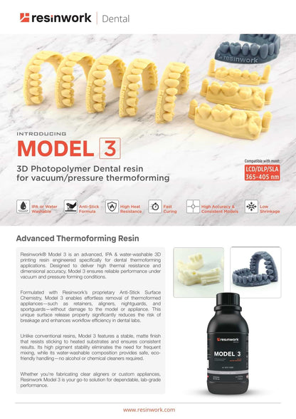 Resinwork Model 3 Dental Resin Technical Datasheet for Vacuum Thermoforming Aligners and Retainers (LCD DLP SLA Compatible)
