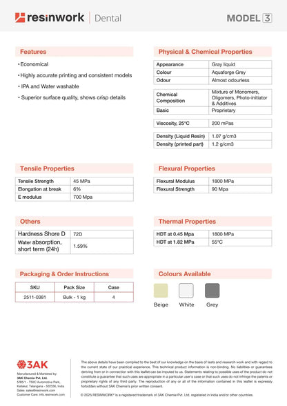 Resinwork Model 3 Technical Data Sheet - Physical, Mechanical, and Thermal Properties including Tensile Strength and Flexural Modulus