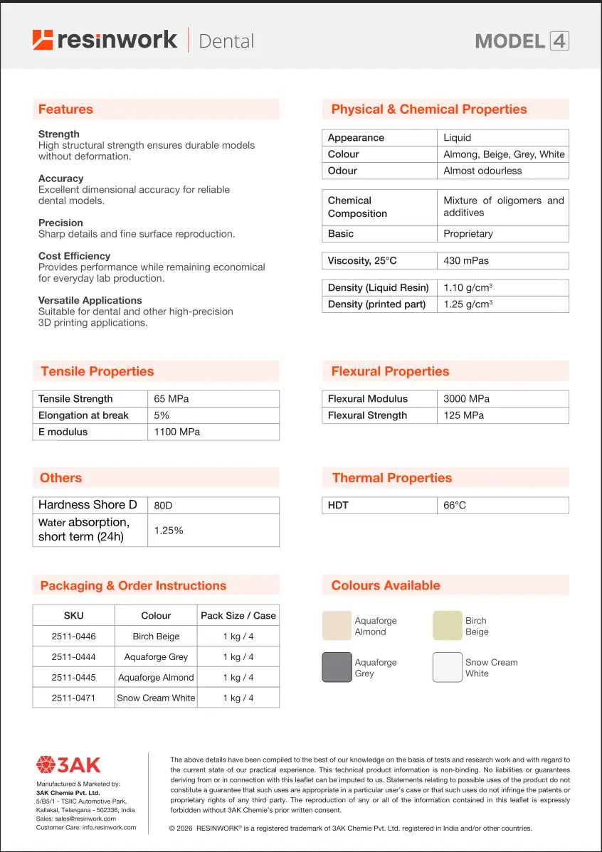 Technical specifications sheet for resinwork dental model 4 3d printing resin with various properties listed.