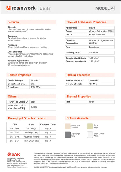 Technical specifications sheet for resinwork dental model 4 3d printing resin with various properties listed.