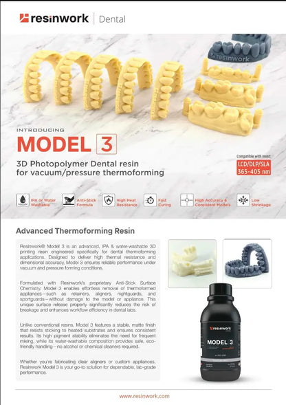 Resinwork Model 3 Dental Resin Technical Datasheet for Vacuum Thermoforming Aligners and Retainers (LCD DLP SLA Compatible)
