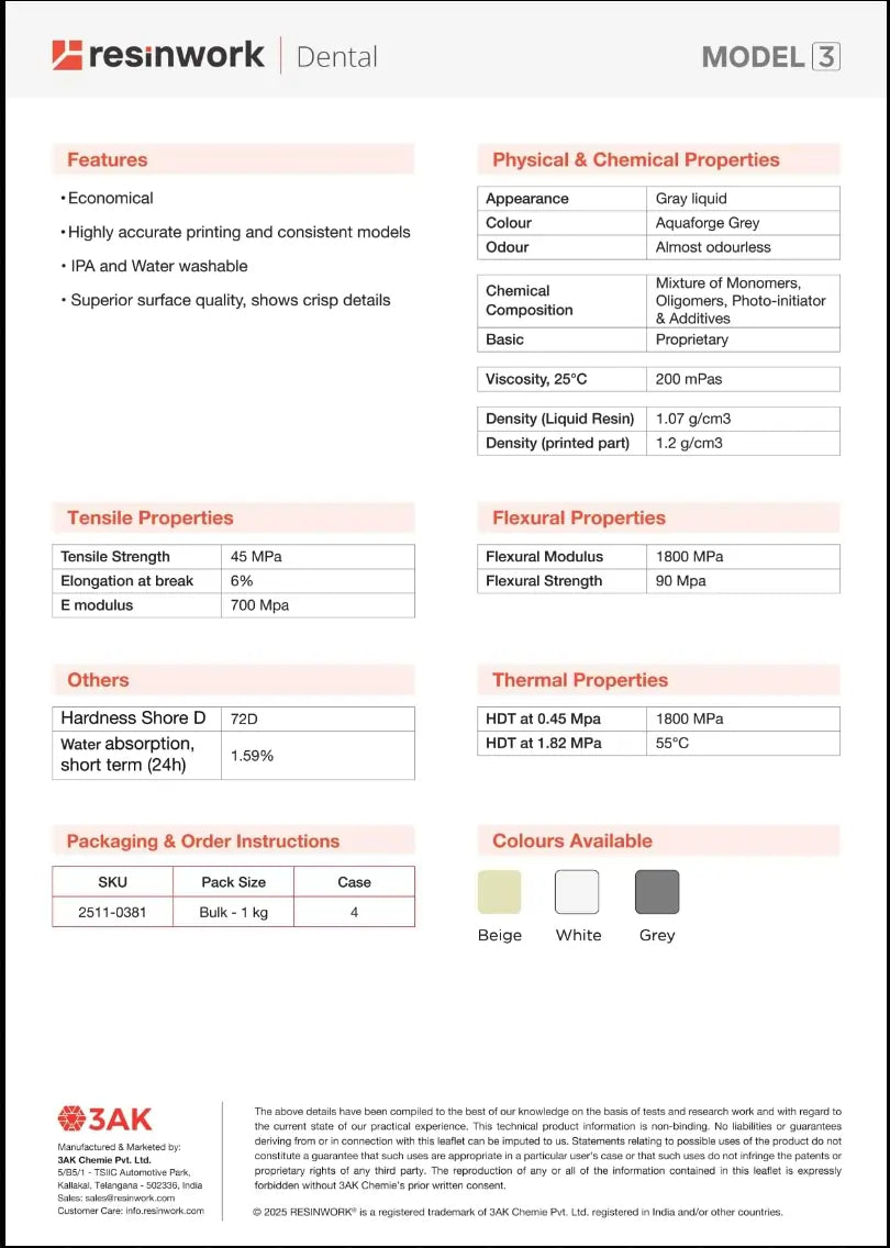 Resinwork Model 3 Technical Data Sheet - Physical, Mechanical, and Thermal Properties including Tensile Strength and Flexural Modulus