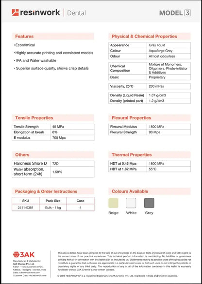 Resinwork Model 3 Technical Data Sheet - Physical, Mechanical, and Thermal Properties including Tensile Strength and Flexural Modulus