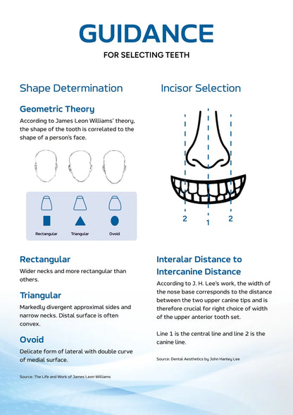 V-Cryl Denture Teeth Selection Guide - Shape Determination using Face Shape (Rectangular, Triangular, Ovoid) and Interalar Distance