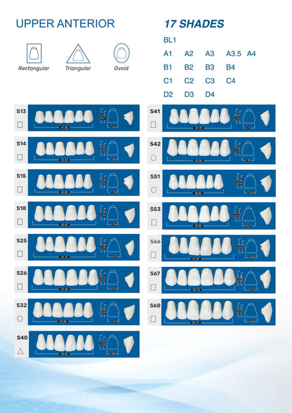V-Cryl Upper Anterior Teeth Mould Chart - Rectangular, Triangular, and Ovoid Shapes (Sizes S13 to S68) available in 17 Shades including BL1