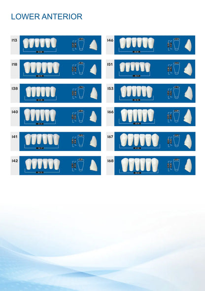 V-Cryl Lower Anterior Teeth Mould Chart - Mandibular Incisor Shapes (Models I13 to I68) with Width Dimensions in Millimeters